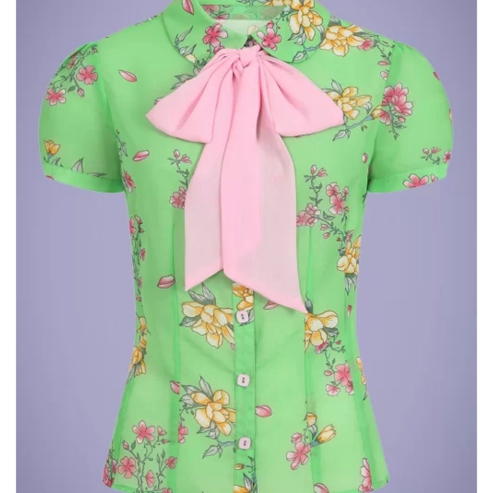 Hell Bunny Green Floral Blouse with Pink Accent